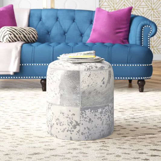 Alīna Leather Handmade Cowhide Living Room Stool with Patchwork Pattern